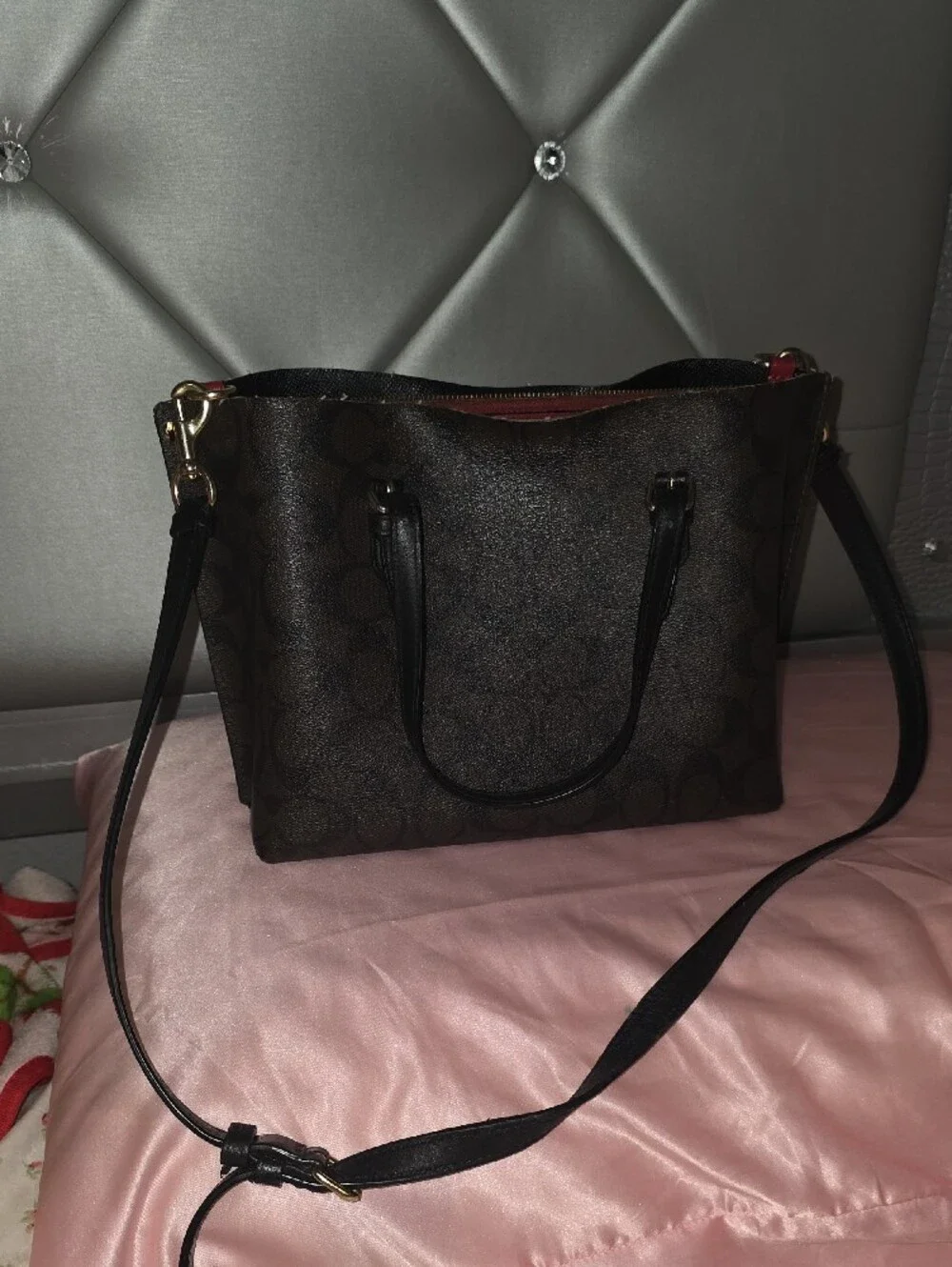 Coach Brown Signature Canvas Shoulder Tote with Gold Hardware